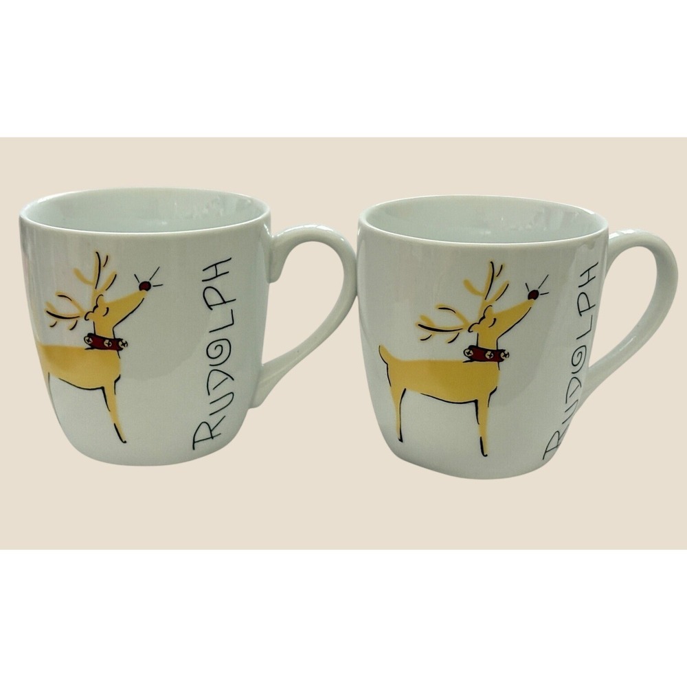 Pottery Barn ~ Rudolph Reindeer Pair of 2 Coffee Cups Mugs Christmas